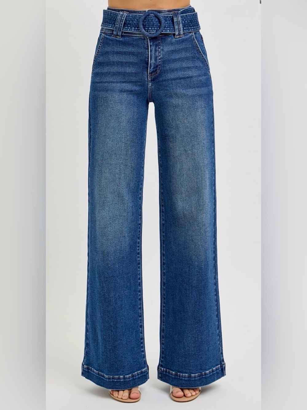 RISEN TUMMY CONTROL HIGH RISE WIDE LEG SELF BELTED JEANS